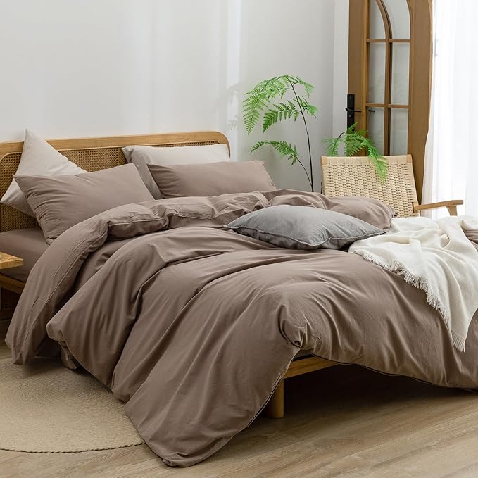 BESTOUCH Duvet Cover Set 100% Washed Cotton Linen Feel Super Soft Comfortable Chic Lightweight 3 PCs Home Bedding Set Solid Pine Bark Brown Super Queen
