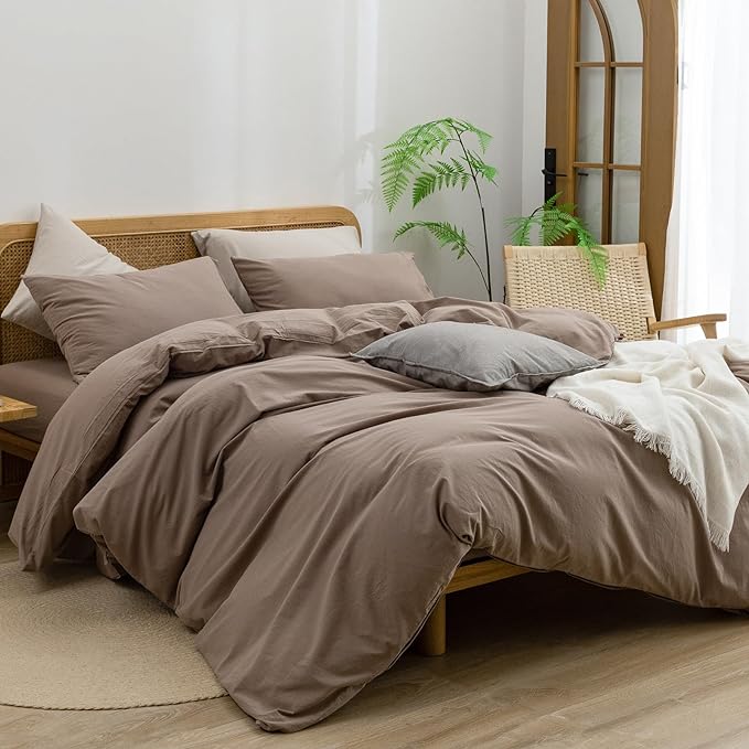 BESTOUCH Duvet Cover Set 100% Washed Cotton Linen Feel Super Soft Comfortable Chic Lightweight 3 PCs Home Bedding Set Solid Pine Bark Brown Full/Double