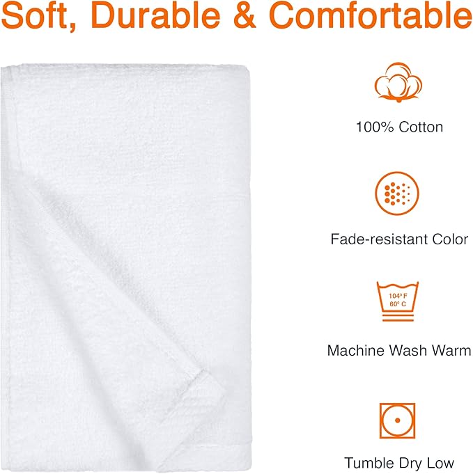 Amazon basics 100% cotton Lightweight quick-dry hand towels, 8-pack, White, 28" x 16"