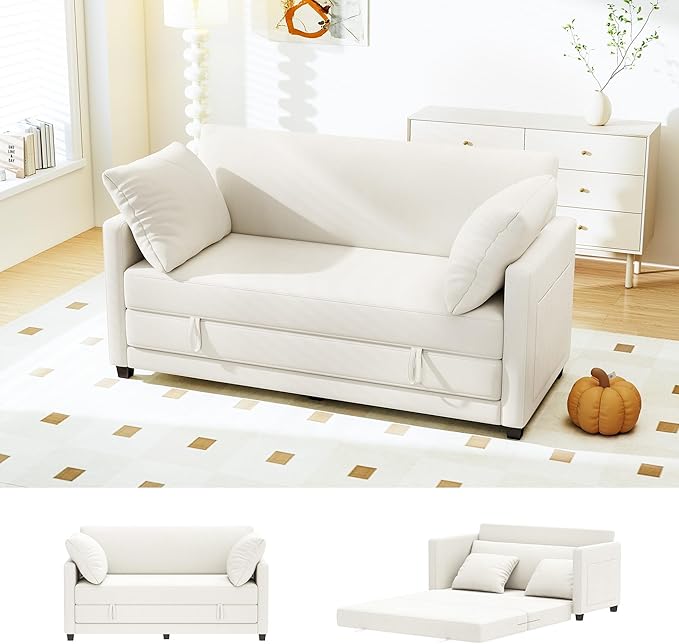 65" Convertible Loveseat Sofa Bed, 2-in-1 Folding Sofa Bed with 2 Pillow for Small Spaces, Modern Loveseat Sleeper Couch for Apartment, Living Room & Guest Room (Beige Chenille, 65 inch)