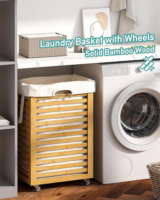Laundry Hamper, 22.7 Gallon (86L) Bamboo Wood Clothes Laundry Basket with Wheels and Handles, Removable Liner