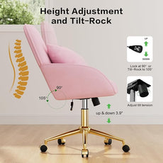Pink Velvet Desk Chair with Pillow, Upholstered Home Office Desk Chair Makeup Vanity Chair with Swivel Wheels, Ergonomic Office Chair Computer Task Chair for Living Room, Bedroom