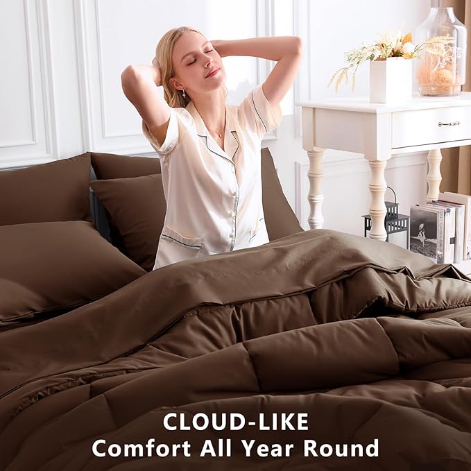 CozyLux Queen Comforter Set Brown, 7 Pieces Bed in a Bag, Brown Comforter Queen Size, All Season Bedding Sets with Stitch Quilted Comforter, Flat Sheet, Fitted Sheet, Pillowcases