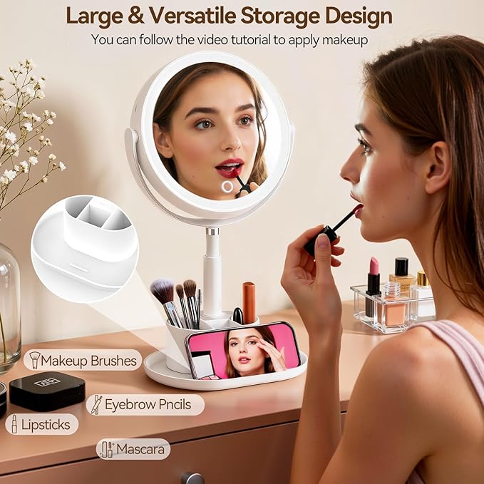 Shinowa Makeup Mirror with Lights, 1X/20X Lighted Magnifying Mirror with Storage for Makeup & Jewelry, 2-Sided Height Adjustable Vanity Mirror with 3 Color Lights, 360° Rotation & Rechargeable, White