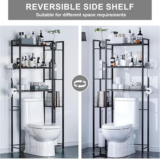 31.5" Wide Over The Toilet Storage, Solid Wood Over Toilet Bathroom Organizer with Paper Holder, Hooks, Side Shelf, 7-Tier Metal Over Toilet Shelves Rack for Laundry, Dorm Room, Balcony, Black