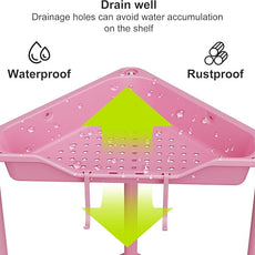 Orimade Rustproof 3 Tier Floor Standing Corner Shower Caddy Organizer, Plastic Metal Splicing Floor Corner Shelf Rack Stands for Bathroom, Pink