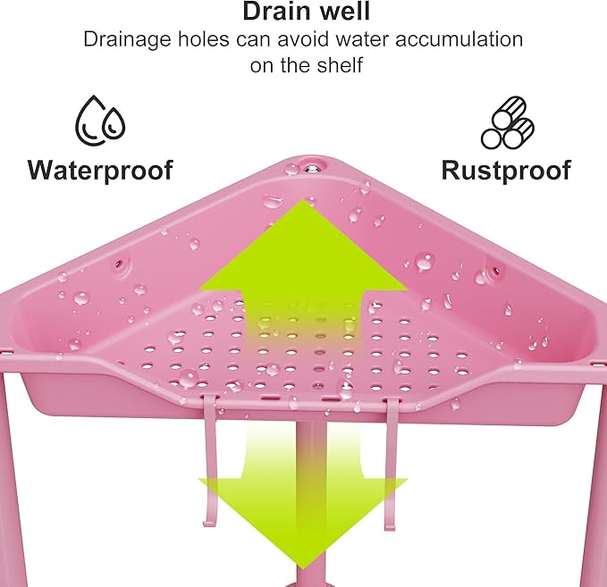 Orimade Rustproof 3 Tier Floor Standing Corner Shower Caddy Organizer, Plastic Metal Splicing Floor Corner Shelf Rack Stands for Bathroom, Pink