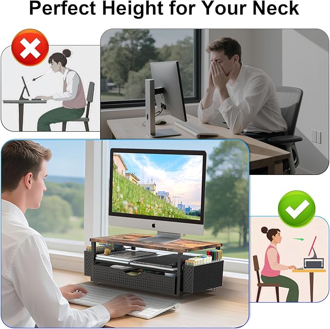 Spacrea Desk Organizer and Accessories, Computer Monitor Stand Riser with Drawer and 2 Pen Holders, Office Desk Accessories & Workspace Organizers for Office Supplies (Wood)