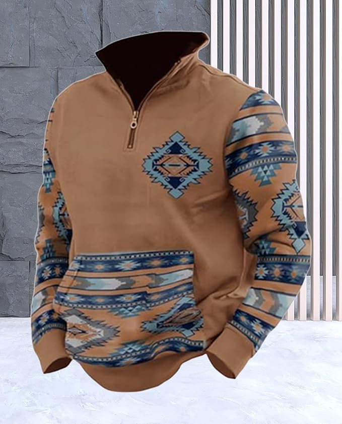 Western Sweatshirts for Men Aztec Cowboy Vintage Graphic Fleece Hoodie Mens Quarter Zip Pullover Country Jacket