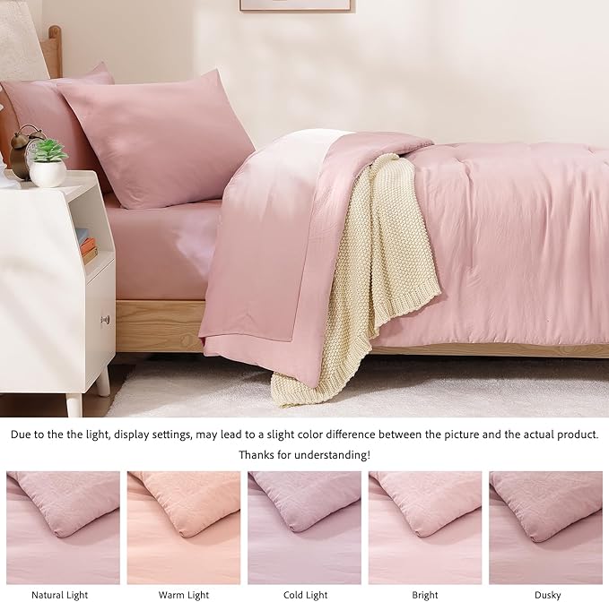 WRENSONGE Twin Comforter Set- 5 Pieces Soft Pink Twin Bed in a Bag, All Season Twin XL Bedding Sets with 1 Fitted Sheet, 1 Flat Sheet, 1 Pillow Sham and 1 Pillowcase