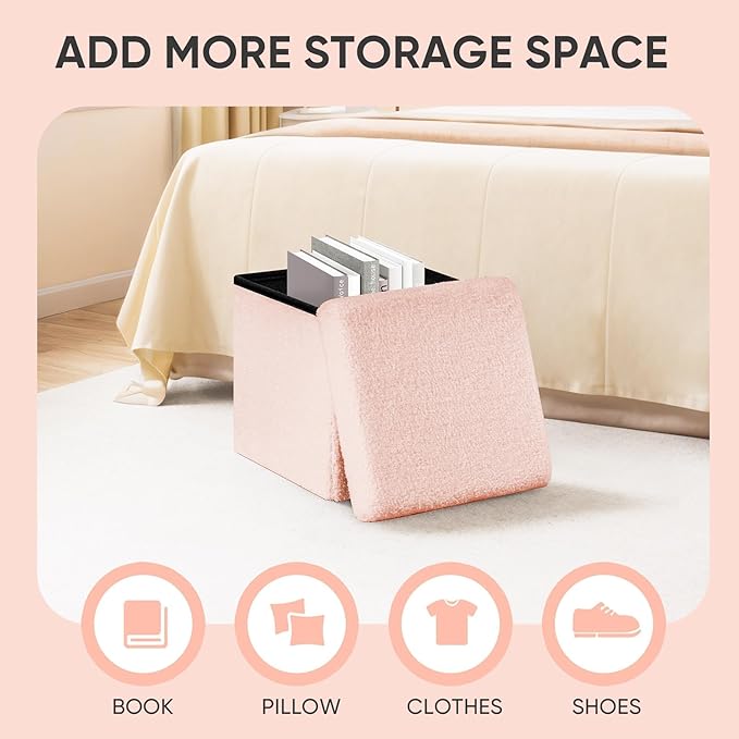 PINPLUS Storage Ottoman Cube Square Shaped Ottomans with Storage Foot Stool Footrest for Lving Room Boucle Ottoman Seat for Dorm Room,Faux Teddy Fur Pink,15"x15"x15"