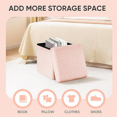 PINPLUS Storage Ottoman Cube Square Shaped Ottomans with Storage Foot Stool Footrest for Lving Room Boucle Ottoman Seat for Dorm Room,Faux Teddy Fur Pink,15