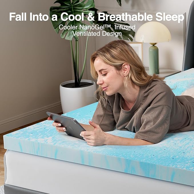 Novilla Twin Memory Foam Mattress Topper 2 Inch, Cooling Gel Infused, Ventilated Pressure Relief Pad, Soft Comfort for Sofa, RV, Camper, Dorm Room
