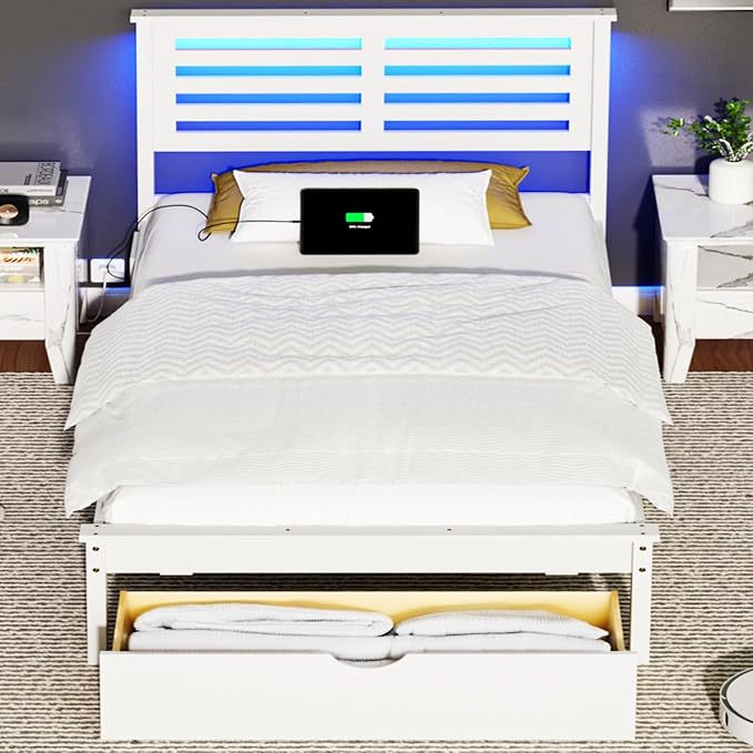 VINGLI Solid Wood Twin LED Bed Frame with USB Charging Single Panel Platform Bed with 40 Inches Tall Headboard and Underbed Storage Drawer,White