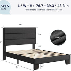 Allewie Twin Size Platform Bed Frame with Fabric Upholstered Headboard and Wooden Slats Support, Fully Upholstered Mattress Foundation/No Box Spring Needed/Easy Assembly, Dark Grey