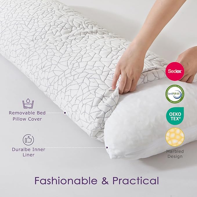 Shredded Memory Foam Full Body Pillow - Cooling Removable Bamboo Rayon Cover + Extra Gel Foam, Soft-Firm Adjustable for Adults, Oeko & CertiPUR-US Standard, 20x54 Inch, 1 Pack