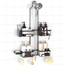 REINHARDT Shower Caddy Hanging for Handheld Showerheads Adjustable Split Shower Caddy, Rustproof Shower Organizer with Hooks for Razors Over the Head Caddy with Soap Holder Bathroom Accessories, Black