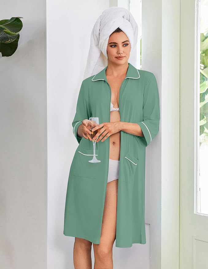 Ekouaer Zipper Robes for Women 3/4 Sleeve Housecoats Knee Length Bathrobe Lightweight Nightgown with Pockets S-3XL