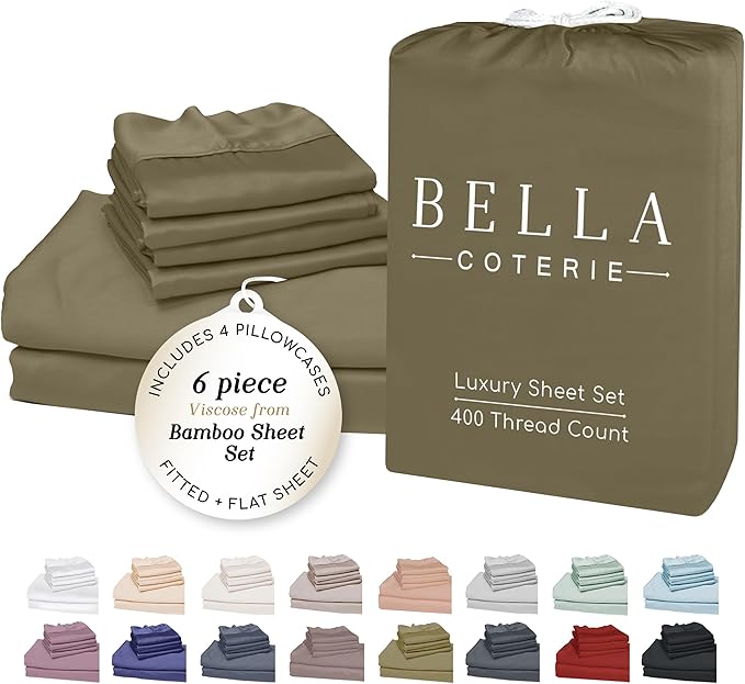 Bella Coterie 6 Piece Luxury Bamboo Viscose Split Top King Size Sheet Set | 34" Split for Adjustable Beds | 100% Organically Grown| Cooling | 18” Deep Pocket | 4 Pillowcases [Olive] BC