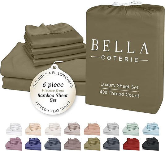 Bella Coterie 6 Piece Luxury Bamboo Viscose King Size Sheet Set | 100% Organically Grown | Cooling for Hot Sleepers | 18" Deep Pocket | Soft & Hypoallergenic | 4 Pillowcases [Olive]