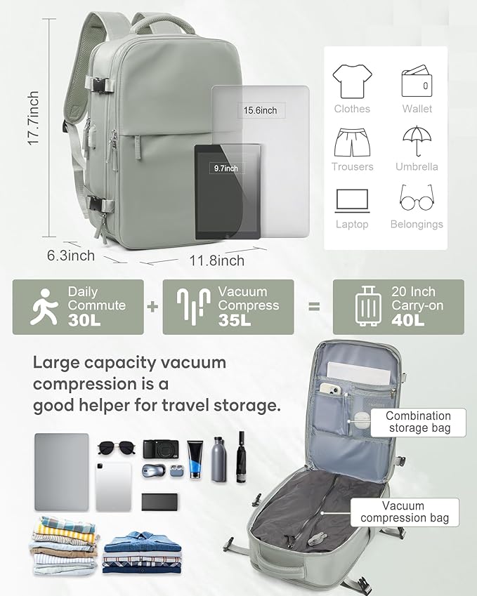suwasp Vacuum Compression Backpack, 45L Expandable Travel Backpack with Electric Vacpack Pump, Travel Vacuum Bags with Shoe Compartment/17inch Laptop Compartment/USB Port, Glassgreen
