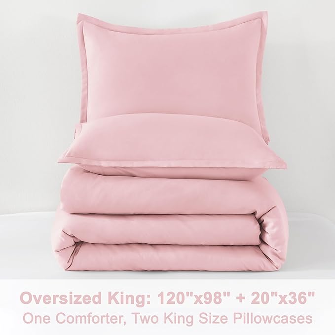 Litanika Comforter Set, Lightweight Solid Bedding Comforter Set, Fluffy Down Alternative Bed Set, Baby Pink, Oversized King