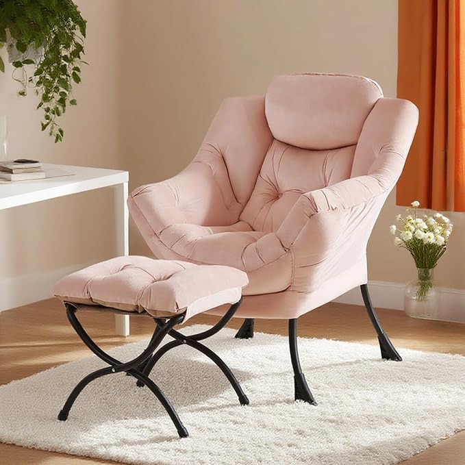 Tiita Lazy Chair with Ottoman, Modern Large Accent Lounge Armchair, Comfy Leisure Sofa Reading Chair with Footrest for Bedroom, Living Room, Dorm Rooms, Garden and Courtyard, Velvet Pink