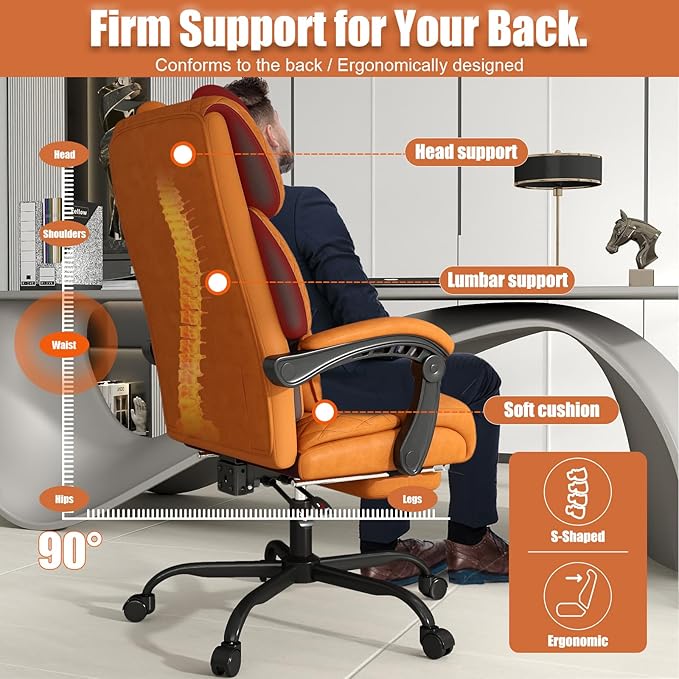 Ergonomic Office Chair with Footrest, 400lbs High Back Executive Home Office Computer Chair with Unique Ear-Shape Headrest for Neck Support,Brown Leather Office Chairs for Home Office Work