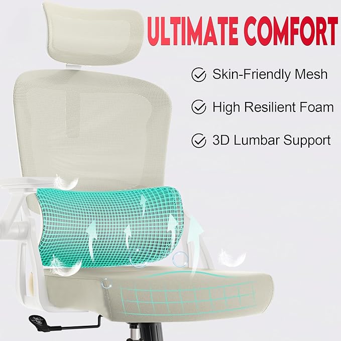 Ergonomic Office Chair - 400LB Comfy Desk Chairs with Adjustable Headrest and Lumbar Back Support, Mesh Computer Chairs with Wheels and Arms for Home Office, Study