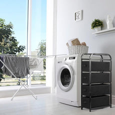 MAX Houser 4 Drawer Narrow Dresser Fabric Storage Tower Vertical Slim Storage Chest Organizer Nightstand Side/End Table Small Standing Organizer Removable Drawers Wood Top for Bedroom, Bathroom（Black)