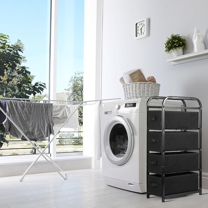 MAX Houser 4 Drawer Narrow Dresser Fabric Storage Tower Vertical Slim Storage Chest Organizer Nightstand Side/End Table Small Standing Organizer Removable Drawers Wood Top for Bedroom, Bathroom（Black)