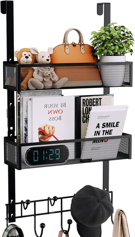 Consumest Over The Door Hooks Organizer - Extra Long Door Hanger with 9 Coat Hooks & 2 Mesh Basket, Back Storage Organizer Hanging Towels for Bathroom, Bedroom, Black (for 1.76 in Doors)