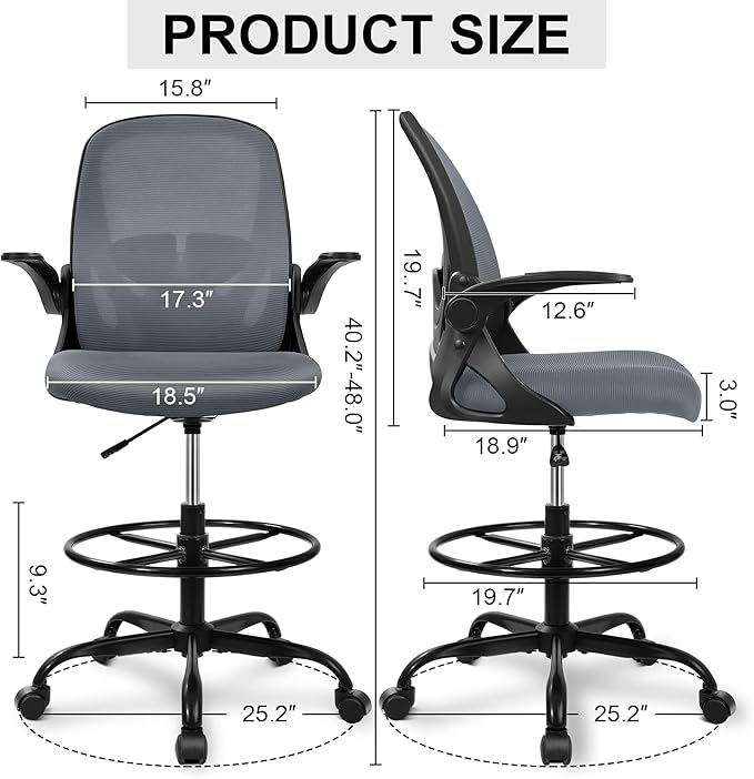 Primy Drafting Chair Tall Office Chair with Flip-up Armrests Executive Ergonomic Computer Standing Desk Chair with Lumbar Support and Adjustable Footrest Ring（Dark Gray）