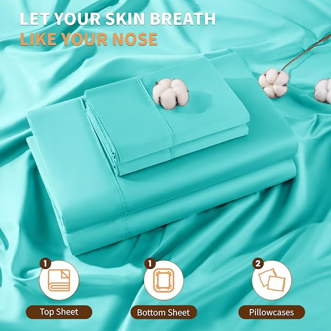 LBRO2M 100% Cotton Sheets Set Deep Pocket 19", 1000 Thread Count Full Size 4 Piece Bed Sheet Sets Soft Comfortable Bedding All Season (Full, Lake Green)