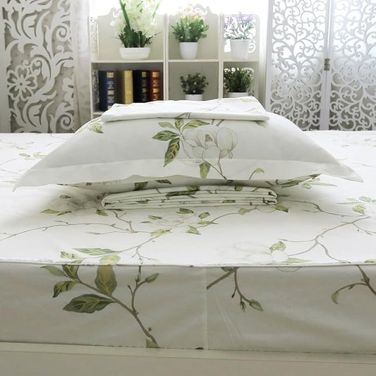 FADFAY Shabby White Floral Bed Sheet Set 100% Cotton Sheets Green Leaves 4Piece - Twin XL Size