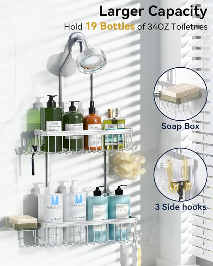 YASONIC Shower Caddy Hanging, Never Rust Shower Organizer Hanging, Aluminum Shower Racks for Inside Shower with Hooks for Razor, Bathroom Organizers and Storage with Soap Holder, Bright Silver