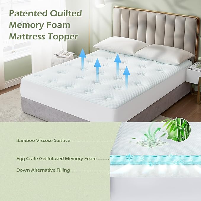 Hansleep Memory Foam Mattress Topper Queen Viscose Derived from Bamboo, Pillow Top Mattress Topper Queen with Deep Pocket, Breathable Mattress Pad for Back Pain Relief, 60" x80", White
