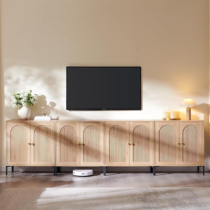 Bathroom Cabinet with Storage, 123.5" W Fluted Arched Free Standing Floor Cabinet w/Adjustable Shelves, Modern Sideboard Cabinet for Bathroom, Kitchen, Living Room, Entryway, Natural