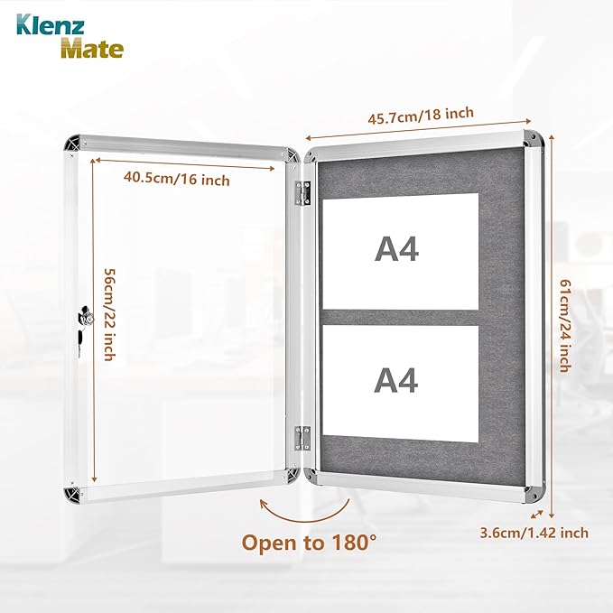 24"x18" Enclosed Cork Bulletin Board Tamper-Proof Dispaly Case,Grey Fabric&Aluminium Frame,Shatter Resistant Lockable Bulletin Board with Clear Acrylic Door for School,Office,Mall,Community,Hospital