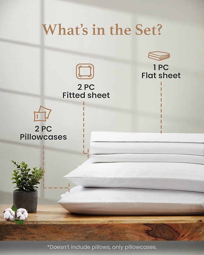 Good Sleep Bedding Split King Sheets Sets for Adjustable Bed Cotton, Luxury Sheets, Egyptian Cotton, 5 Piece 100% Cotton Split King Sheet Set, Sateen Sheets, 2 Fitted - 16" Deep Pocket, White GoodSleepBedding