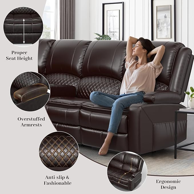 Manual Reclining Sectional Sofa Set, 7 Seats Soft Leather Recliner Corner Sectional Couch, Family-Sized L-Shaped Recliner Couch with USB Charging, Thickened Padding, Sturdy Frame, Brown
