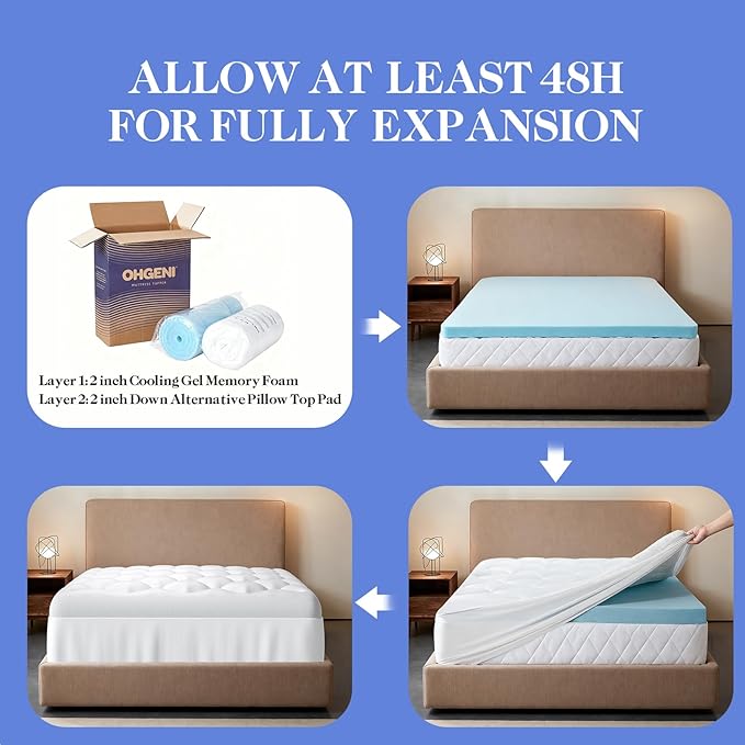 OhGeni Cooling 4 lnch King Size Dual Layer Mattress Topper, 2 Inch Gel Memory Foam, 2 Inch Soft Breathable Pillow Top Pad, Bedroom Mattresses Cover, Extra Comfortable Sleep and Back Pain Relief