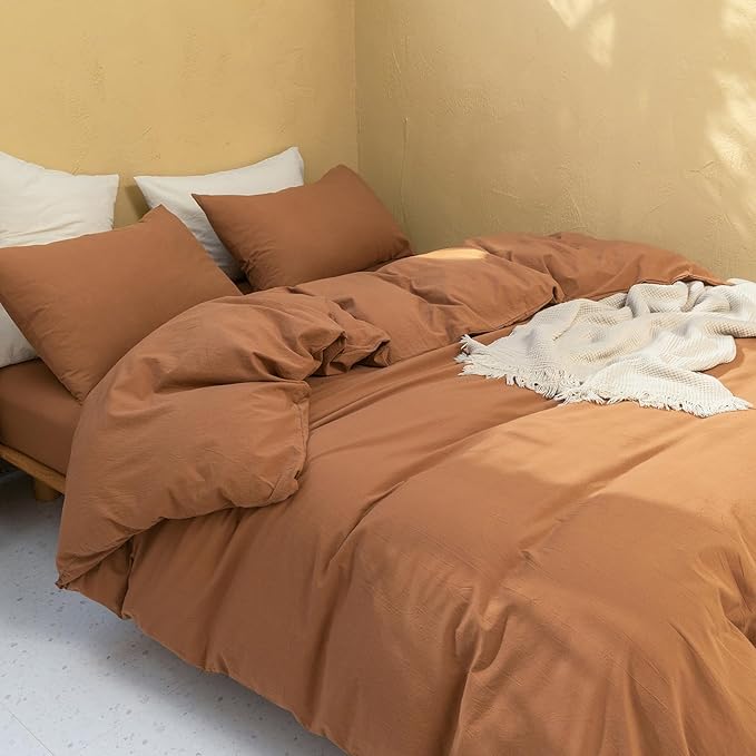 FOSSA Duvet Cover Set 100% Washed Cotton Linen Feel Super Soft Breathable Cozy Simple Style 3 Pieces Bedding Sets Solid Dark Orange Full/Double