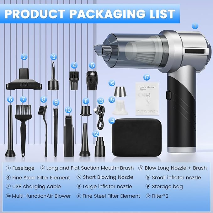 Arify Pro Car Vacuum Portable Cordless with 18000PA Super Suction, 4 in 1 Portable Air Blower/Car Vacuum 90°Foldable Handheld Rechargeable Brushless Motor, Gifts for Christmas for Home, PC