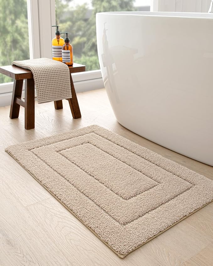 DEXI Bathroom Rug Set 2 Piece 32x20, Non Slip Washable Bath Mat for Shower Floor, Absorbent Soft Bathmat with Rubber Backing, Quick Dry Microfiber Carpet, Beige