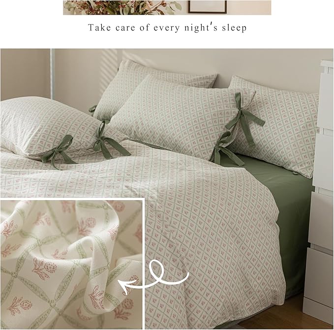 mixinni Red Floral Duvet Cover Set Twin XL Size - 100% Cotton Green Grid Bedding with Bow Ties, 3PC Cottagecore Comforter Cover (1 Duvet Cover + 2 Pillowcases) Vintage Garden Style Soft Aesthetic