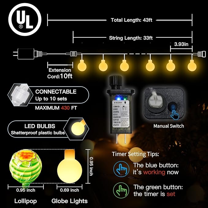 suddus String Lights for Bedroom, 33ft 100 Led Connectable Globe String Lights Indoor, Hanging Fairy Lights Plug in with Remote for Classroom, Room, Dorm, Outdoor, Christmas Tree Decor, Warm White