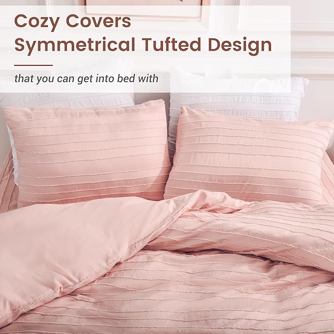 NEXHOME PRO Duvet Cover Queen Size, Pink 3 Pieces Boho Tufted Duvet Cover Set, Soft and Lightweight Microfiber Comforter Cover Set for All Season (Pink Queen, 90 x 90)-No Comforter