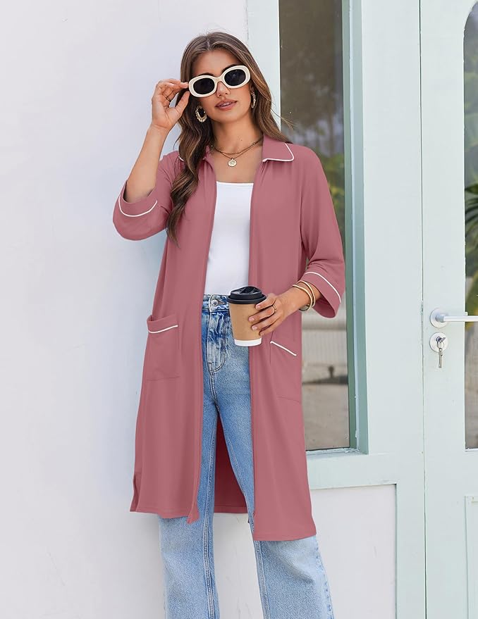 Ekouaer Zipper Robes for Women 3/4 Sleeve Housecoats Knee Length Bathrobe Lightweight Nightgown with Pockets S-3XL