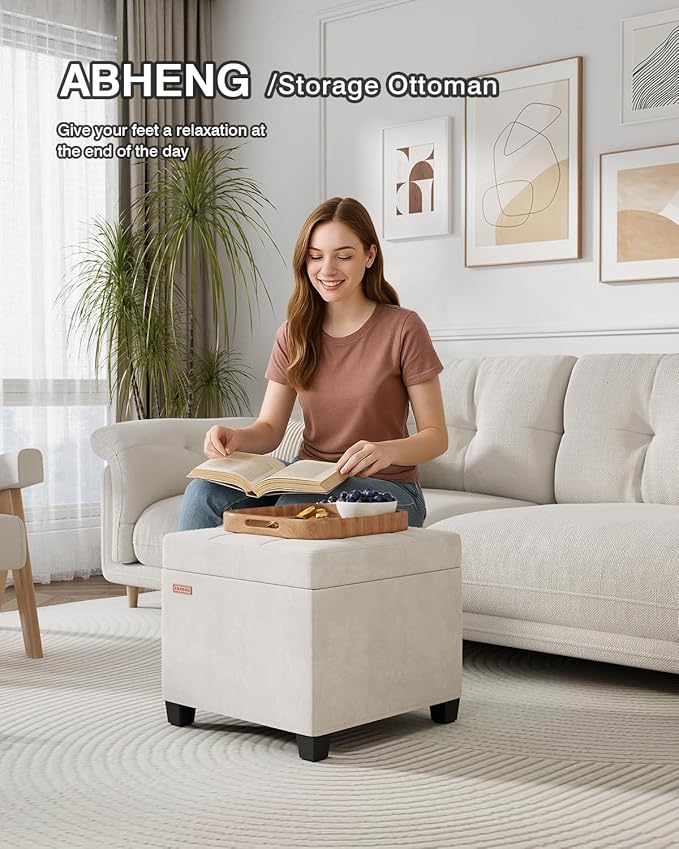 17.7 inches Velvet turfed Ottomans Cube with Storage, Metal-Framed Square Linen Storage Ottoman Foot Rest Stool Holds 770 LB for Dorm Living Room Bedroom White UASND64W